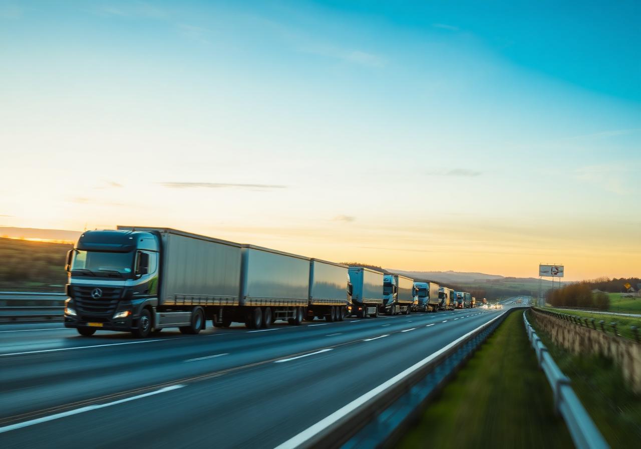 Freight trucks crossing a border highway